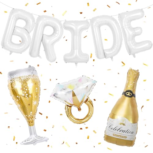 Image of 40inch Bride Balloons White Letters Banner, Bachelorette Party Decorations Set with Diamond Ring Champagne Bottle Balloon Glass Foil Balloon for Bachelorette Engagement Wedding Bridal Shower Decor