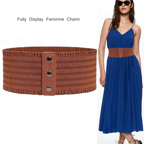 Women's Wide Elastic Belt Vintage Cinch Waistband Snap Button Corset Waist Band for Dress - Brown3