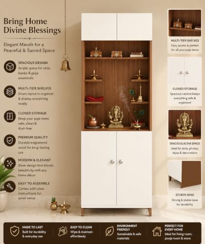 Image of FURNEASER Shivika Engineered Wood Pooja Mandir for Home | Modern Design Temple for Home & Office | Puja Stand Shelf | Prayer Cabinet Shelf (Exotic Teak & White)