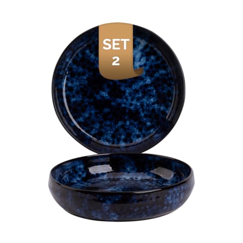 palmer Bama Blue grosse tiefe Teller - 2er-Set - Steinzeug - Ø 22 cm - blau schwarz hochglanz - für Pasta, Suppe oder als Servierteller - stapelbar, spülmaschinenfest