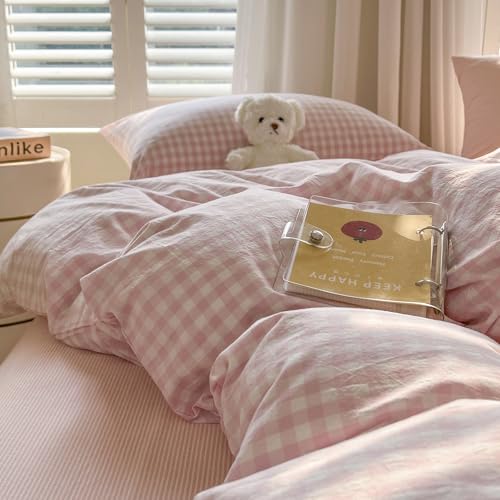 Image of mixinni Light Pink Gingham Duvet Cover Set Twin Size - 100% Washed Cotton 3 Piece Plaid Checkered Bedding Set, Soft Comfy Grid Farmhouse Comforter Cover with Zipper Closure & Corner Ties