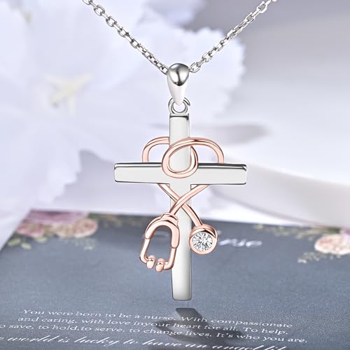 Nurse Gifts for Women - Sterling Silver Stethoscope Cross Necklace Nurse Doctor Student Graduation Gift for Medical Student4