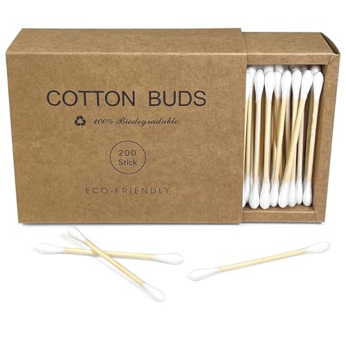 Egaageoi 200 Count Bamboo Cotton Swabs - Eco-Friendly Cotton Buds with Wooden Sticks for Home Cleaning, Personal Ear Cleaning, Makeup Application, and Personal Hygiene - Perfect for Daily Use
