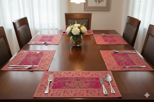 Image of Brocade Silk Placemats for Dinning Table 12 x 18 Inches Hand Embroidered, Set of 6 Decorative Placemats for Home (Pink)