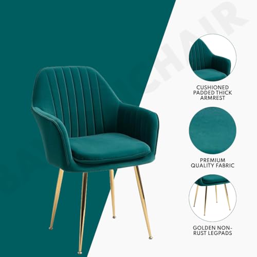 Image of Velvet Chair for Home | Modern Accent Armchair in Soft Velvet Fabric with Golden Legs | Set of 2 Premium Accent Chair for Living Room Bedroom Restaurent | (Green sea, Standard)