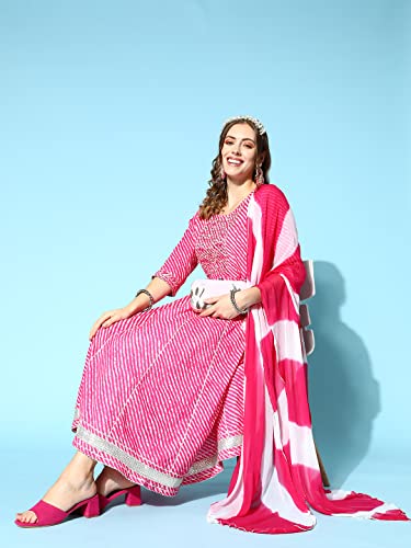Image of ishin Women's Pink & White Embroidered Anarkali Kurta set with Trouser & Dupatta