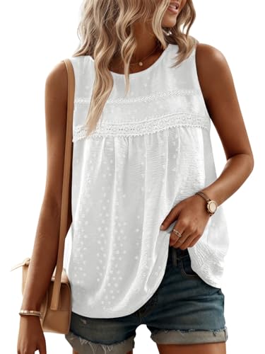 Yousify Tank Top for Women Loose Fit Sleeveless Crew Neck Camisole Tops Casual Swiss Dots White Summer Cami Shirts Blouse L