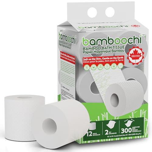 Bamboochi Bamboo Toilet Paper, Septic Safe Toilet Paper 2 Ply 12 Rolls 300 Sheets Per Roll, Soft Unscented Bath Tissue, RV Safe, Eco-Friendly, Non Chlorine, PFAS Free, Made in Canada