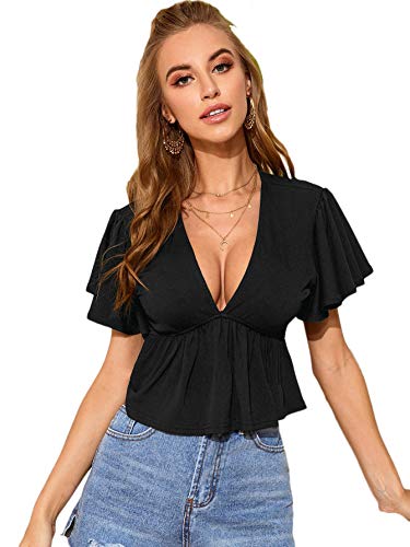 SheIn Women's Plunging V Neck Short Sleeve Ruffle Hem Peplum Top Blouse Black Large