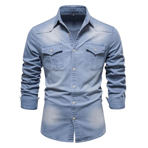 Men's Casual Button Down Denim Shirt Slim Fit Long Sleeve Lapel Jean Shirt Washed Denim Shirts with Chest Pockets