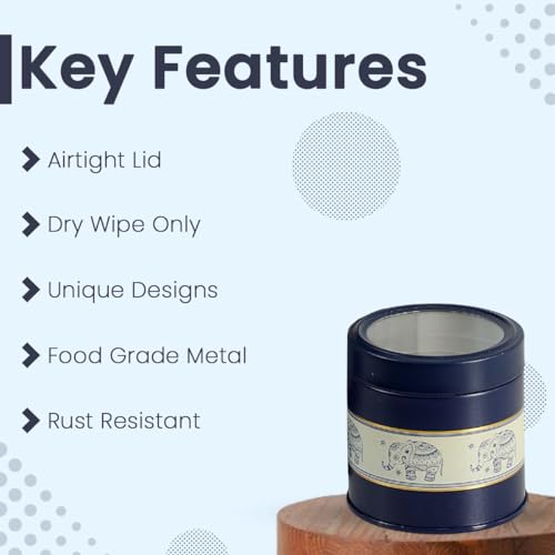 Image of Mandala Collection Airtight Kitchen Container Set| 450ML- Set of 2| Food Grade Metal Jars for Masala, Seeds, Cookies & Dry Storage| Vacuum Lid, Rust Resistant| Blue Elephant Canisters