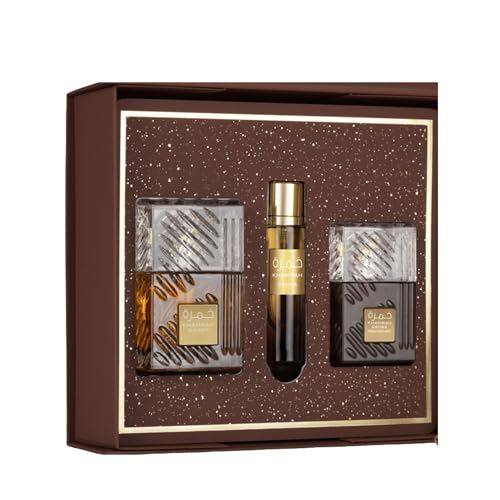 Khamrah Qahwa Perfume Gift Set 3pcs – Unisex Eau de Parfum for Men & Women – Long Lasting Arabian Coffee Vanilla Fragrance – 100ml Spray, 12ml Travel Spray & Hair Mist