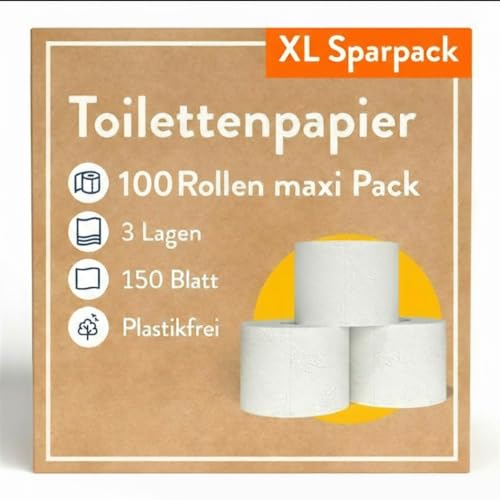 100 Rollen Toilettenpapier 3-lagig – 150 Blatt pro Rolle – Plastikfrei - Toilettenpapier B-Ware – Vorratspackung