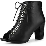 Perphy Peep Toe Lace Up Chunky Heel Black Ankle Boots for Women 9.5 M US