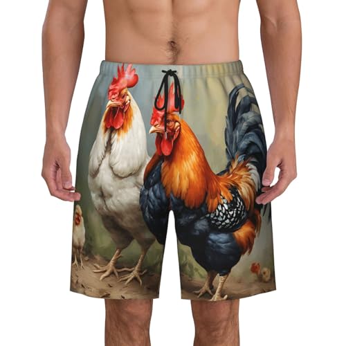 Cute Rooster Chickens Print Men's Beach Pants Lightweight Quick-Dry Swim Pants with Mesh Lining for Men