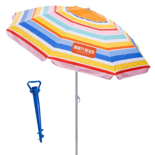 Sombrilla playa 200 cm con soporte arena, bolsillos interiores, multicolor