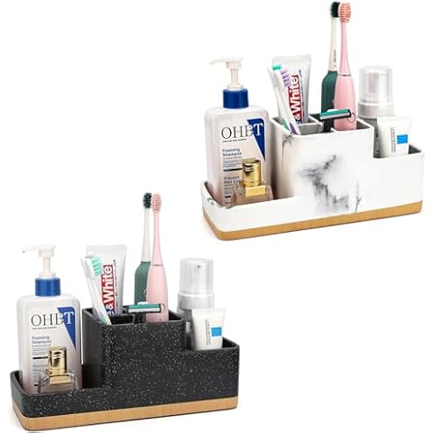 Toothbrush Holder for Bathroom, YMWVH Bathroom Organizer Countertop, Rectangle 5 Compartment Bathroom Accessories Storage for Toothpaste/Shaver Cover