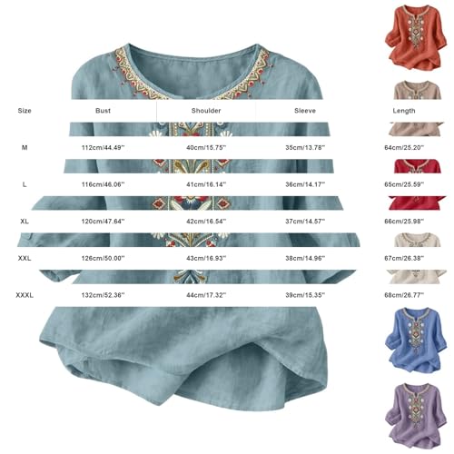 Rjognt Embroidered Tops for Women 3/4 Sleeve Boho Cotton Linen Shirts Plus Size Peasant Gauze Blouses Casual Bohemian Shirts 2026 Spring Summer Hemp Clothing Retro Mexican Embroidered Tops