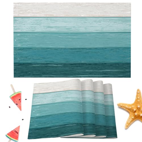 Farmhouse Ombre Turquoise Wood Placemats Set of 4 Washable Table Mats for Kitchen Dining Table, Heat-Resistant Cotton Linen Place Mats for Indoor Outdoor Parties Holiday Decoration, Rustic Retro Barn