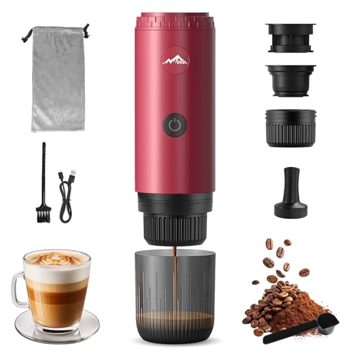 VHV Máquina de café portátil, cafetera portátil 3 en 1 compatible con cápsulas de café expreso y polvo recargable, para viajes, camping, coche, casa (rojo)