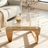OMTIVORLEX Morden Coffee Table,Glass Coffee Table with Natural Wood Legs,42.5' x 28.5' x 16' Triangle Tempered Glass Top for Living Room, Walnut