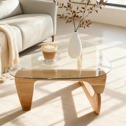 OMTIVORLEX Morden Coffee Table,Glass Coffee Table with Natural Wood Legs,42.5"