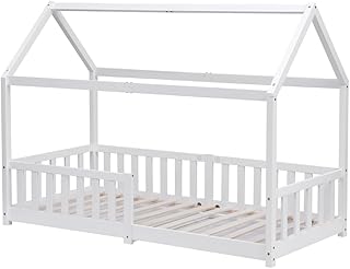 Homeke Pine Wood House Bed for Kids with Guardrail,Decorative Floor Bed, 3FT Single Bed Frame for Children Girls and Boys (white)