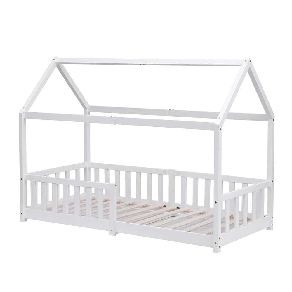 Pine Wood House Bed for Kids with Guardrail,Decorative Floor Bed, 3FT Single Bed Frame for Children Girls and Boys (white)