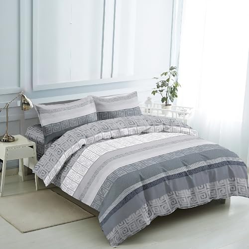 Juego de Funda Nórdica 4 Piezas Cama 135 Microfibra Suave Transpirable - 1 Funda Edredón 220x220 cm, 1 Bajera 135x200+28 cm y 2 Fundas de Almohada 50x75 cm (Gris Greca)