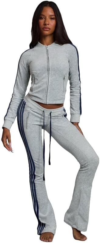 Women's Zipper Hoodie Running Sports Two Piece Set, Slim fit Long sleeved Coat Bellbottom Pants Set