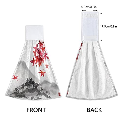 Ffyho 2 Pack Fall Red Maple Leaves Hanging Kitchen Towel With Loop Ink Japanese Mountains Hand Towels Soft Microfiber Coral Velvet Dish Towel For Bathroom Washcloth Absorbent Tie Towel ¡­ #TOP2
