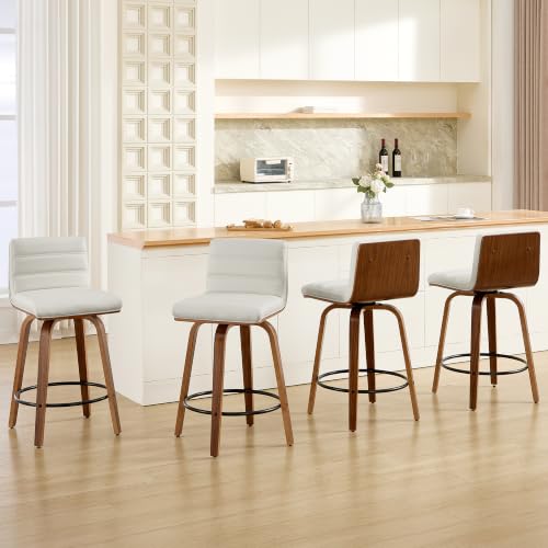Image of Swivel Bar Stools Set of 4,26 inch Faux Leather Counter Height Barstools with Back,Mid Century Modern Upholstered Bar Chairs with Bentwood Legs Island Stools for Kitchen Counter White
