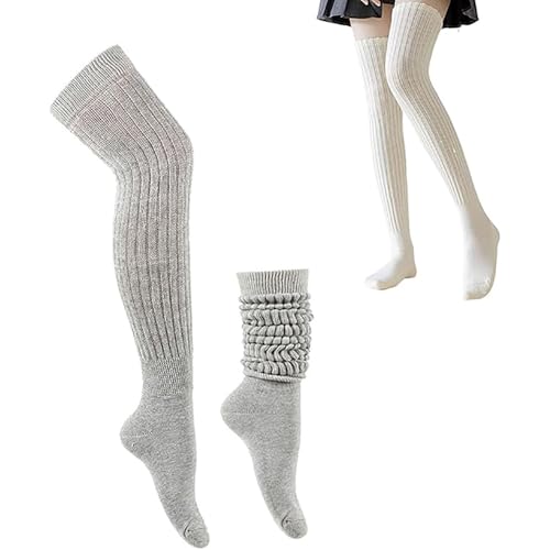 Womens Thick Knit Thigh High Boot Socks, Winter Loose Over-The-Knee Knitted Boot Socks (Gray,One Size)