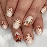 ONPRESS 24Pcs Thanksgiving Press on Nails Short Square Fake Nails Turkey Fall Glue on Nails with Polka Dots Pumpkin Design Autumn Glue on Nail Glossy Full Cover Acrylic Nail for Women Decoration