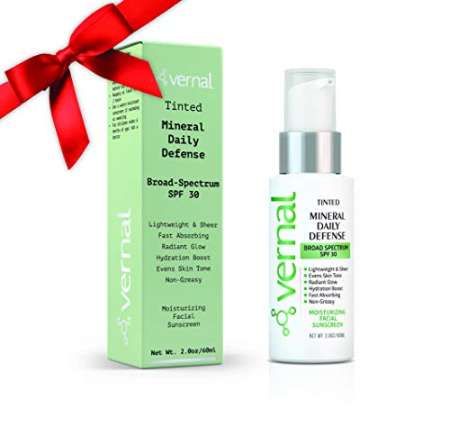 Vernal Tinted Sunscreen For Face With SPF 30. Mineral-Based, Oil Free,Lightweight,Non-Greasy. Evens Skin Tone, Promotes Radiant Glow. Chemical-Free. Dermatologist Recommended. Crepey Skin Sunscreen.