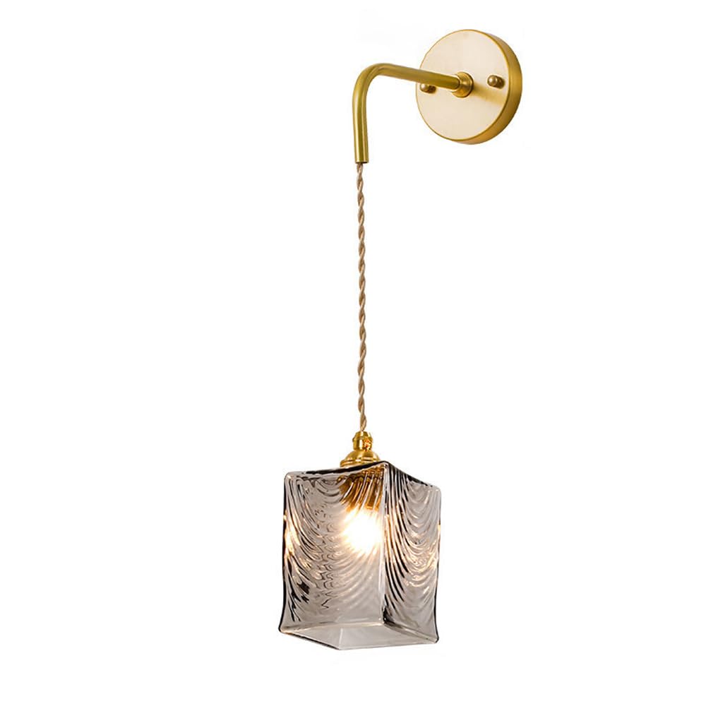 Applique da Parete Moderna in Vetro Grigio Fumo, Rettangolare, in Ottone, con Paralume Semitrasparente, Finitura ondulata, apparecchio di Illuminazione per Interni Regolabile, Stile retrò Vintage