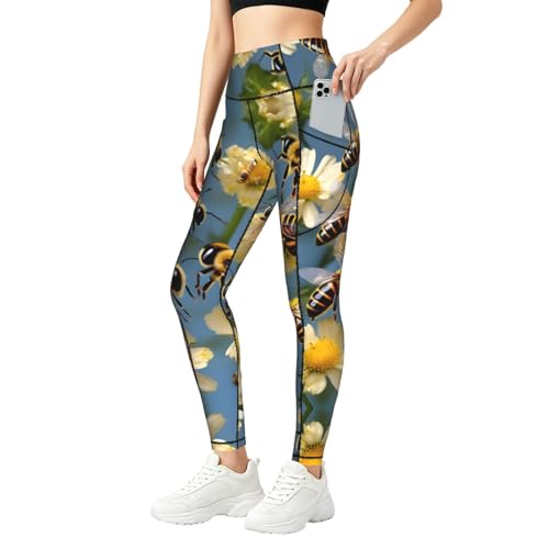 Conjunto de leggings con bolsillos y estampado floral de abejas para gimnasio mujer