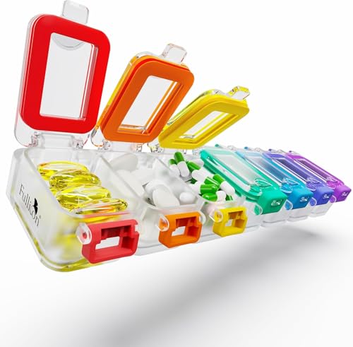 Fullicon Moisture Proof Travel Pill Case 7 Day Extra Large Pill Organizer with Strong Hinge Spill Proof Pill Box Secure Medicine Organizer Pill Dispenser with Customized Labels(Rainbow Clear)