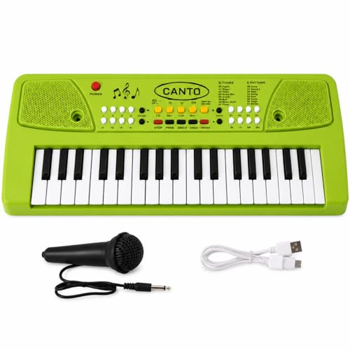 Image of Braintastic Kids Piano Keyboard with Microphone, 37 Keys, 8 Rhythms, 8 Tones with 6 in-Built Demos & Song Recording Feature for Boys & Girls (Green)