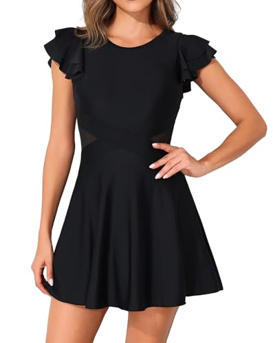 Smismivo Swim Dress for Women Tummy Control One Piece Swimsuit with Skirt Modest Bathing Suit Ruffle Sleeve Swimwear