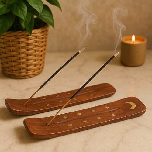 Image of Pure Source India Wooden 10 inch Incense Stick Holder with Brass Moon & Star Inlay Design (Set of 2)- Handmade Agarbatti Stand for Home, Puja, and Meditation