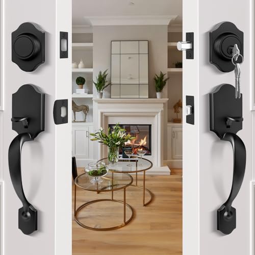 Image of Haidms Matte Black Double Door Handle with Deadbolt, Black Front Door Lock Set, Heavy Duty Double Lock Door Handleset with Dummy, Double Front Door Hardware Set with Reversible Handle Lever
