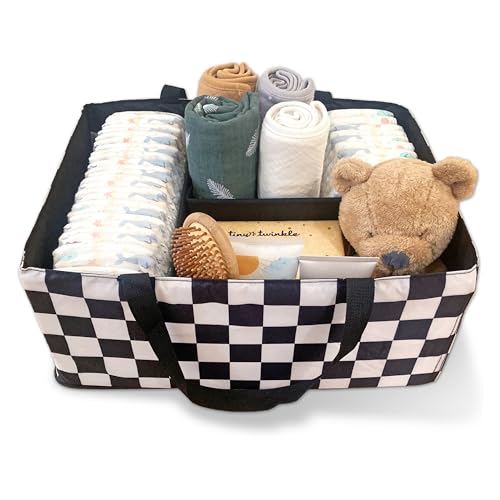 Image of Tiny Twinkle Diaper Caddy Organizer | Foldable Baby Storage Basket with Removable Divider | Waterproof & Mess-Proof Fabric, Portable Nursery Organizer for Newborn Essentials (Black Checkers)