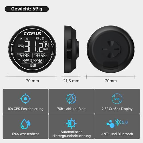 CYCPLUS Fahrradcomputer GPS Fahrradtacho Kabellos, IPX6 Wasserdicht Fahrrad Computer Drahtloser...