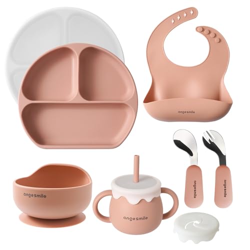 [ひっくり返らない] アンジュスマイル シリコン 食器セット 7点セット (アプリコット) シリコンマグ プレート ボウル 吸盤付き 離乳食 ベビー食器 スプーン＆フォーク エプロン 出産祝い 女の子 男の子 お祝い 赤ちゃん プレゼント セット
