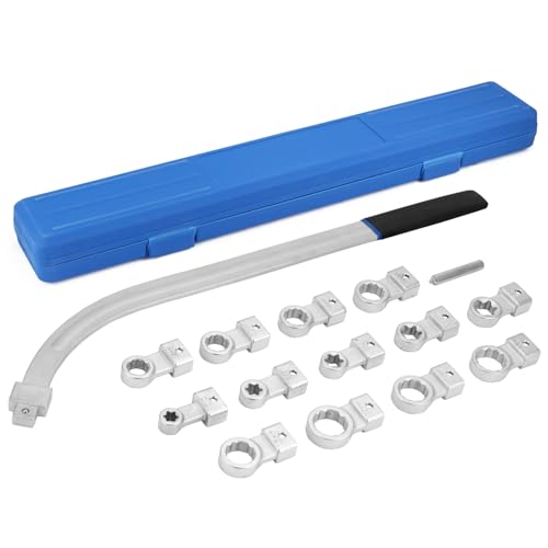 QWORK 15PCS Universal Auxiliary Belt Tensioner Pulley Removal Tool Kit, Engine Timing Belt Tension Wrench Set with Multi-Size Adapters & Carrying Case