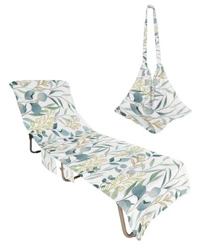Teal Botanical Beach Lounge Chair Towel Cover, Soft Chaise Lounge Towel with Side Pockets Patio Pool Chairs Cover for Beach/Pool Sunbathing 29x85 Watercolor Summer Flowers Plants