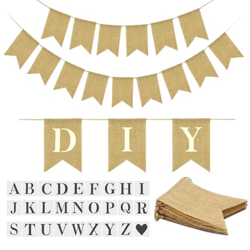 YUNSHANGMO 15PCS Burlap Baner PreStringed DIY Custom Banner Kit Customizable Personalized Banner with Letters A to Z Stencil Birthday Wedding Party Decor