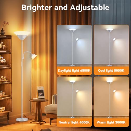 Image of SIBRILLE 2-in-1 Torchiere Floor Lamp, 34W Super Bright LED Standing Lamp with Remote & Touch Control, 72 inch Dimmable Adjustable Corner Reading Lamp for Living Room, Bedroom, Office, Silver