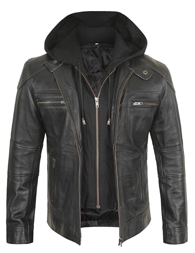Mens Black Leather Jacket with Removable Hood - Real Lambskin Leather Motorcycle Jacket2